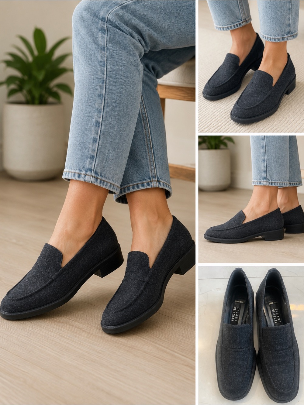 Stuart Weitzman Navy Textured Penny Loafers